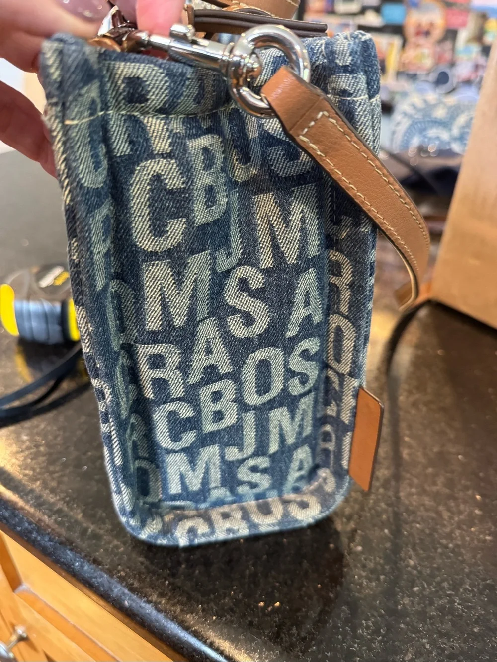 Marc Jacobs Blue Denim Logo Crossbody with Tan Leather Trim